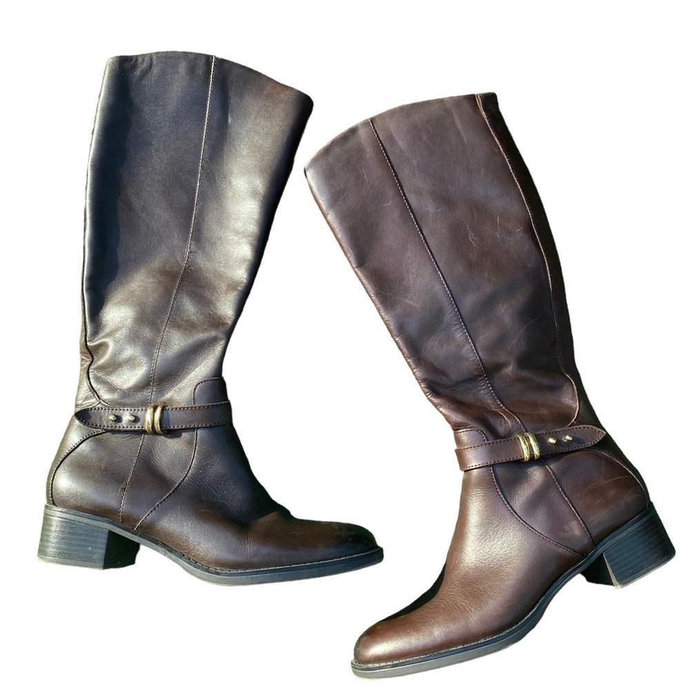 Franco Sarto Cleveland Tall Riding Boots Brown Leather Gold Tone Equestrian 10